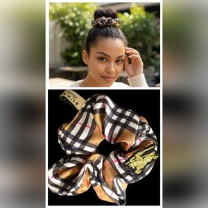 Elegant Black and Tan Plaid Hair Scrunchie